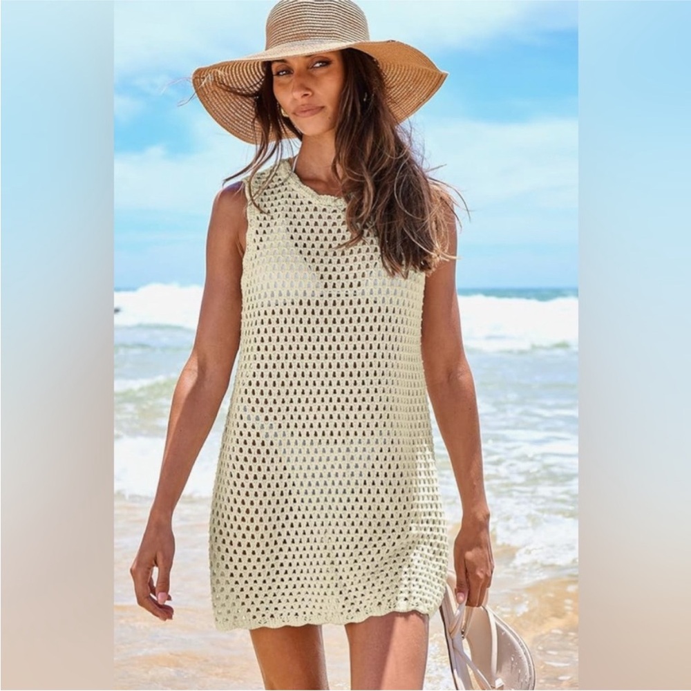 Anrabess Cream Crochet Swim Cover Up Beach Dress Open Back Size M